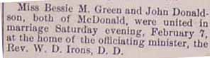 Marriage Notice for John DONALDSON to Bessie M. GREEN, 7 Feb 1914