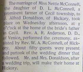 Marriage Notice for J. Alfred DONALDSON to Nettie McConnell, no date, in 10-25-1902 paper