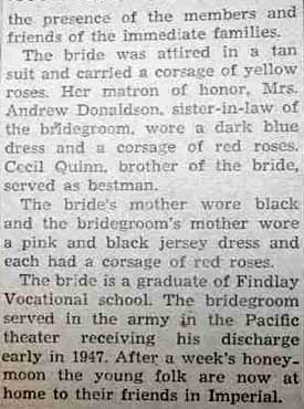 Part 2 Marriage Notice for William DONALDSON to Wanda Quinn, 8 Nov 1947