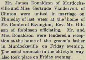 Marriage Notice for James DONALDSON to Gertrude Vandervort, no date, in 3-24-1905 paper