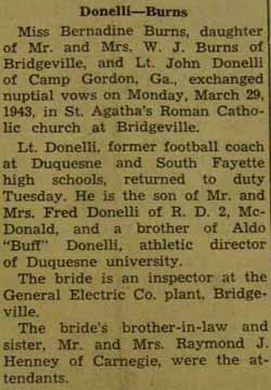 Marriage Notice for John DONELLI to Bernadine Burns, 29 Mar 1943