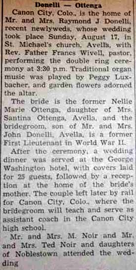 Marriage Notice for Raymond J. DONELLI to Nellie Marie Ottenga, 17 Aug 1947