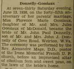 Part 1 Marriage Notice for John Paul DONNELLY to Florence Marie Gossiaux, 13 June 1936