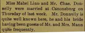 Marriage Notice for Chas. DONNELLY to Mabel Linn, no date, in 6-16-1905 paper