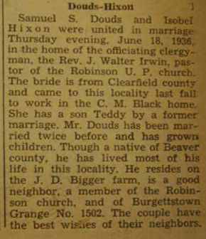 Marriage Notice for Samuel S. DOUDS to Isabel Hixon, 18 Jun 1936