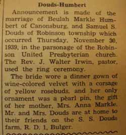 Marriage Notice for Samuel S. DOUDS to Beulah Markle Humbert, 30 Nov 1939