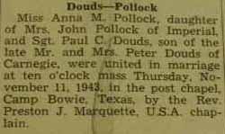 Marriage Notice for Paul C. DOUDS to Anna M. Pollock, 11 Nov 1943