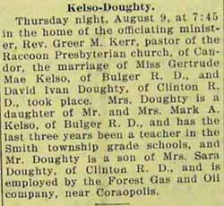 Marriage Notice for David Ivan DOUGHTY to Gertrude Mae Kelso, 9 Aug 1928