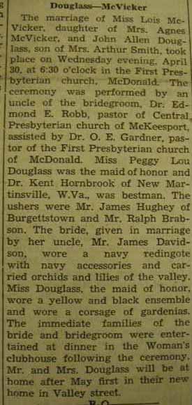 Marriage notice for  
John Allen DOUGLASS to Lois McVicker, 30 Apr 1941