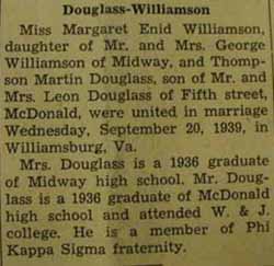 Marriage Notice for 
Thompson Martin DOUGLASS to Margaret Enid Williamson, 20 Sep 1939