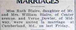 Marriage Notice for Verne DOWLER to Ruth Blaire, no date, in 11-10-1927 paper