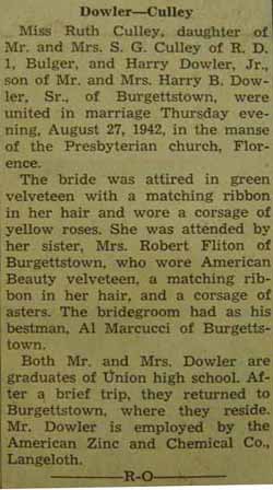 Marriage Notice for Harry DOWLER, Jr. to Ruth Culley, 27 Aug 1942
