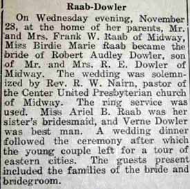 Marriage Notice for Audley DOWLER to Miss Ella Mae RAAB, no date, paper 1-4-1924-record