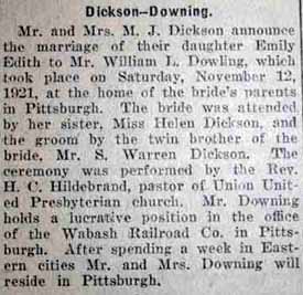 Marriage Notice for William L. DOWNING to Emily Edith Dickson, 12 Nov 1921