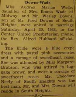 Marriage Notice for Wesley DOWNS to Audrey Marian Wade, 30 Apr 1938
