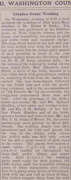 Marriage Notice for Hiram B. DRAKE to Miss Anna Mary GLADDEN, Weds.,no date, paper 
1-6-1911-record