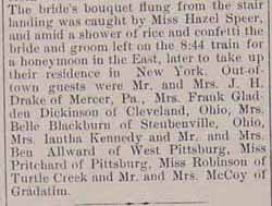 Marriage Notice for Hiram B. DRAKE to Miss Anna Mary GLADDEN, Weds.,no date, paper 
1-6-1911-record