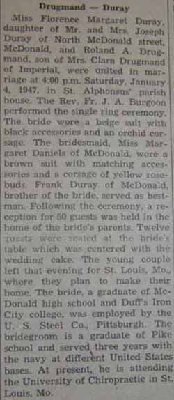 Marriage Notice for Roland A. DRUGMAND to Florence Margaret Duray, 4 Jan 1947