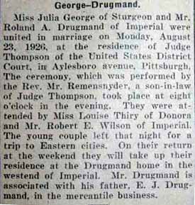 Marriage Notice for Roland A. DRUGMAND to Julia George, 23 Aug 1926
