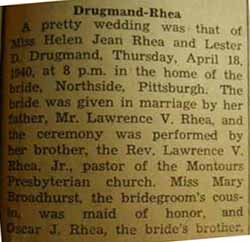 Part 1 Marriage Notice for Lester D. DRUGMAND to Helen Jean Rhea, 18 Apr 1940