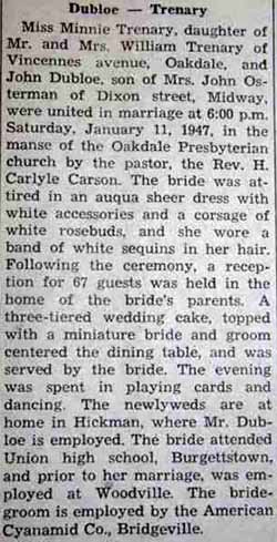 Marriage Notice for John DUBLOE to Minnie Trenary, 11 Jan 1947