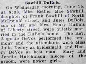 Marriage Notice for Jules DuBOIS to Esther Mae Sawhill, 19 Jun 1929