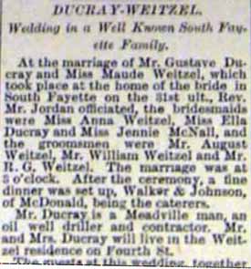 Marriage Notice for G. I. DUCRAY to Maud F. Weitzell, no date in 1-1-1897 paper