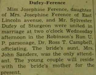 Marriage notice for 
Sylvester DUFFY to Josephine Ference, no date, in 10-15-1937 paper
