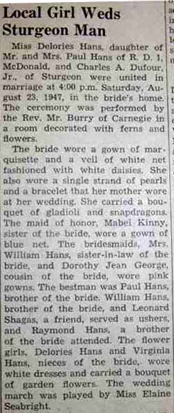 Marriage Notice for Charles A. DUFOUR, Jr. to Delories Hans,23 Aug 1947