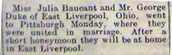 Marriage Notice for George DUKE to Julia Baucant, no date, in 4-19-1912 paper