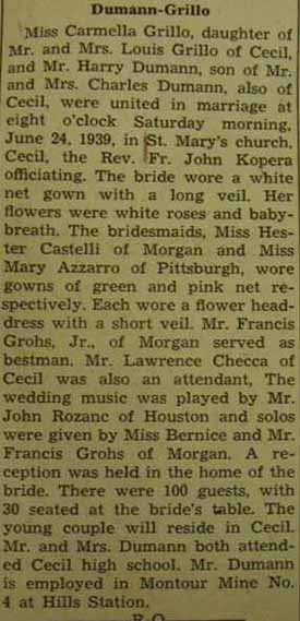 Marriage Notice for Harry DUMANN to Carmella Grillo, 24 Jun 1939