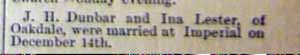 Marriage Notice of J. H. DUNBAR to Ina Lester, 14 Dec 1892