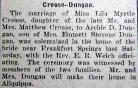 Marriage Notice for Archie D. DUNGAN to Lila Myrtle Crouse, no date, in 7-29-1921 paper