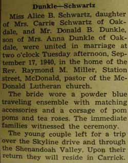Marriage notice for 
        Donald B. DUNKLE to Alice B. Schwartz, 17 Sep 1940