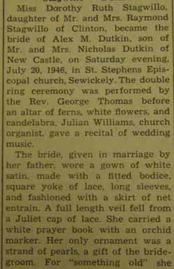 Marriage notice for Alex M. DUTKIN to Dorothy Ruth Stagwillo, 20 Jul 1946