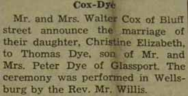 Marriage Notice for Thomas DYE to Christine Elizabeth Cox, no date, in 2-26-1937 paper
