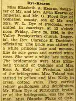 Part 1 Marriage Notice for G. Floyd DYE to Elizabeth A. Kearns, 26 Jun 1936