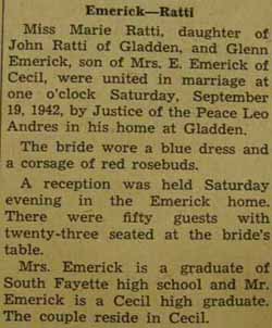 Marriage Notice for 
Glenn EMERICK to Marie Ratti, 19 Sep 1942