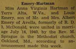 Marriage Notice for 
Louis EMERY to Anna Virginia Hartman, 14 Jul 1940