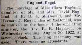 Marriage Notice for Herman J. ENGEL to Clara England, 30 Aug 1922