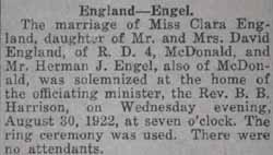 Marriage notice for <b></b>Herman J. ENGEL to Clara England, 30 Aug 1922