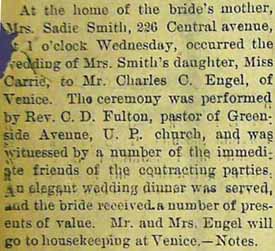 Marriage Notice for Charles ENGEL to Carrie Smith, no date, in 1-7-1905 paper