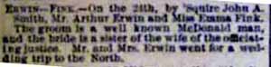 Marriage Notice for Arthur ERWIN to Emma Fink, 24 Jun 1897