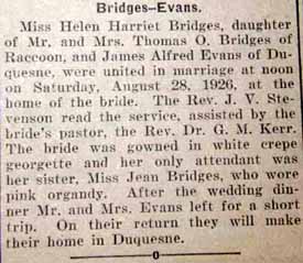 Marriage Notice for James Alfred EVANS to Helen Harriet Bridges, 28 Aug 1926