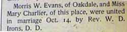 Marriage Notice for Morris W. EVANS to Mary Charlier, 14 Oct 1902
