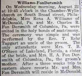 Marriage Notice for Charles R. Fon DERSMITH to Rena A. Williams, 22 Aug 1923
