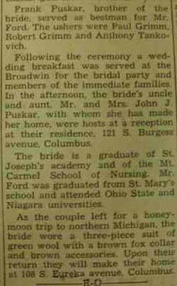 Part 1 Marriage Notice for  
Edwin FORD to Margaret Puskar, 4 Sep 1937