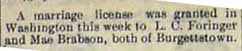 Marriage Notice for L. C. FORINGER and Mae BRABSON, marriage license, in 31 March 1905 paper