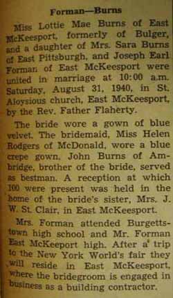 Marriage notice for Joseph Earl FORMAN to Lottie Mae Burns, 31 Aug 1940