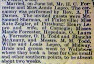 Marriage Notice for Mr. H. C. FORRESTER and Miss Annie LEPRO, June 1, 1896